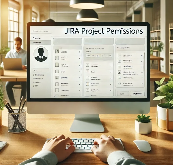 A professional managing Jira project permissions on a computer screen, showing access rights and settings in a modern office workspace.