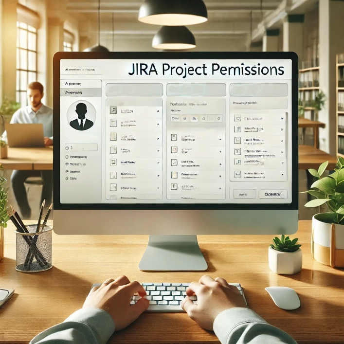 A professional managing Jira project permissions on a computer screen, showing access rights and settings in a modern office workspace.
