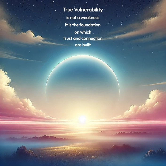 A serene sunrise over a misty landscape with the words "True Vulnerability is not a weakness, it is the foundation on which trust and connection are built."