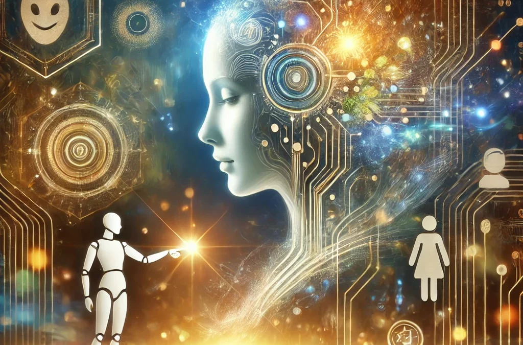 A glowing AI presence with soft, approachable features interacts with a human figure, symbolizing trust, empathy, and emotional intelligence in AI.