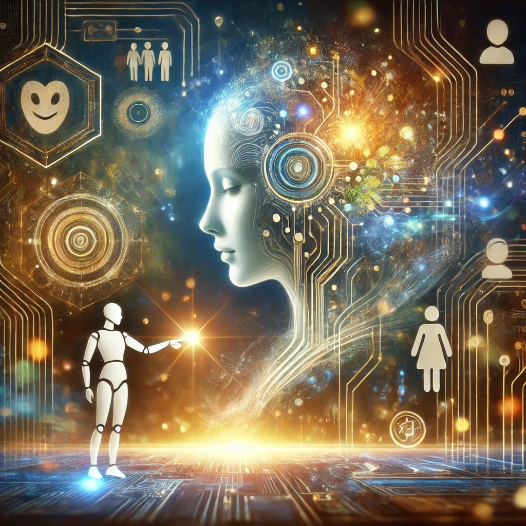 A glowing AI presence with soft, approachable features interacts with a human figure, symbolizing trust, empathy, and emotional intelligence in AI.