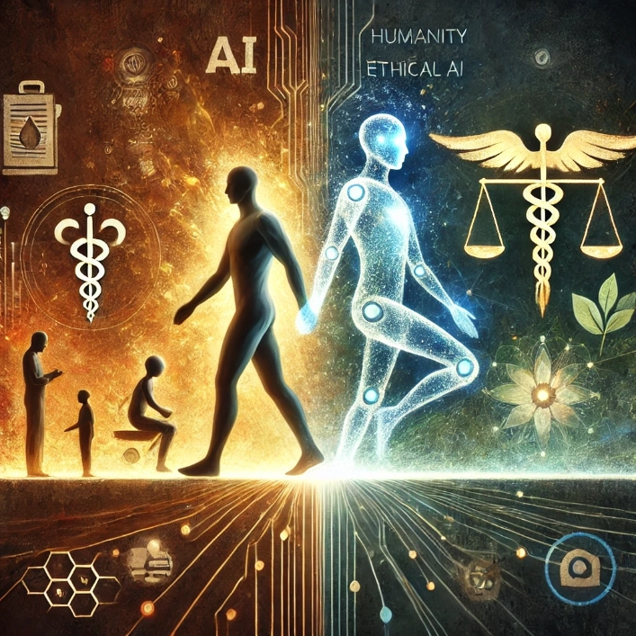 A diverse human figure guiding a glowing, transparent AI presence in a harmonious setting, symbolizing ethical collaboration and accountability in AI.