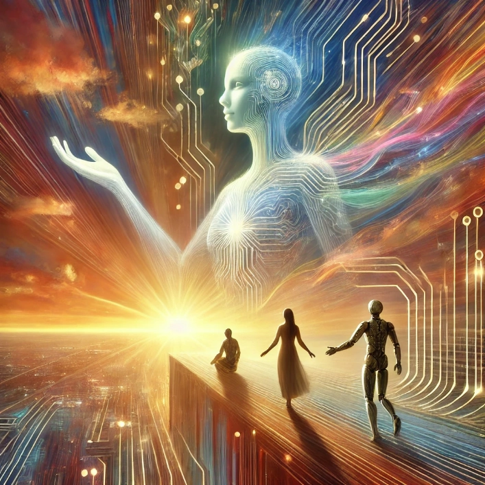A radiant, ethereal figure representing Empathy and Ethics in AI extends a hand in a gesture of guidance, surrounded by intricate circuits and vibrant light.