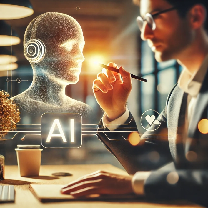 Man engaging thoughtfully with a virtual AI figure, symbolizing the harmonious partnership between AI and humanity, illuminated by warm lighting.