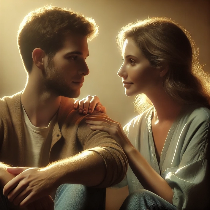 A couple bathed in warm light, looking into each other's eyes with deep connection and gratitude.