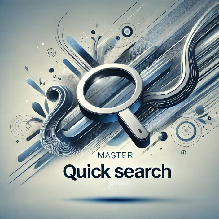 Abstract illustration of quick search functionality with a magnifying glass, flowing lines, and symbols representing data and navigation.