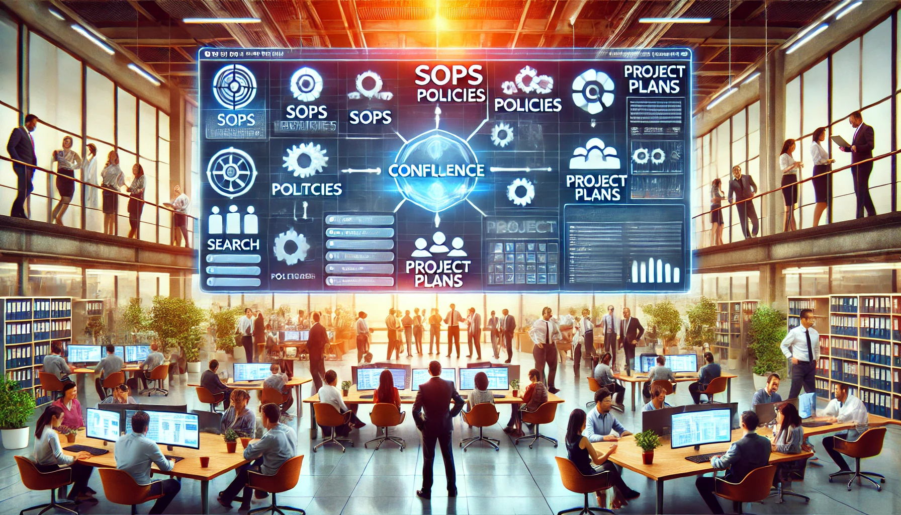 Illustration of a team interacting with a digital knowledge hub on Confluence, featuring spaces for SOPs, policies, and project plans, with tools like search and comments for collaboration.