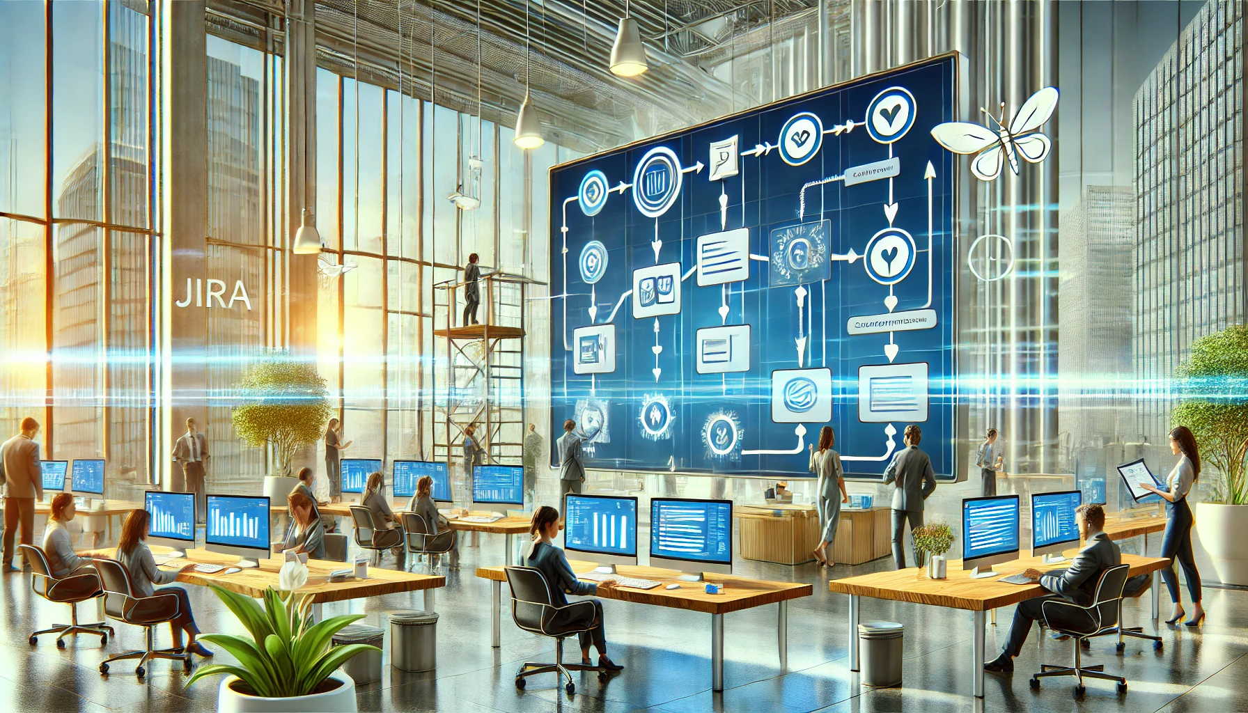 Illustration of a diverse team collaborating around a digital workflow board, featuring task cards, progress bars, and connecting arrows to demonstrate the efficiency of Jira workflows for business operations.