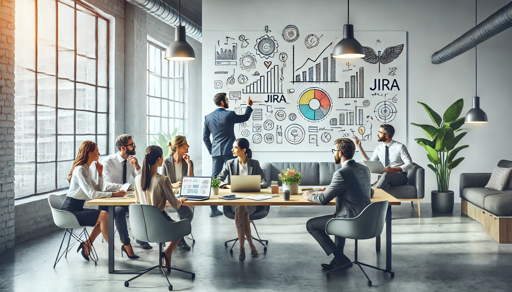 Small business team collaborating around a laptop in a bright workspace, with sticky notes, notebooks, and coffee cups, symbolizing productivity and teamwork with project management tools like Jira.