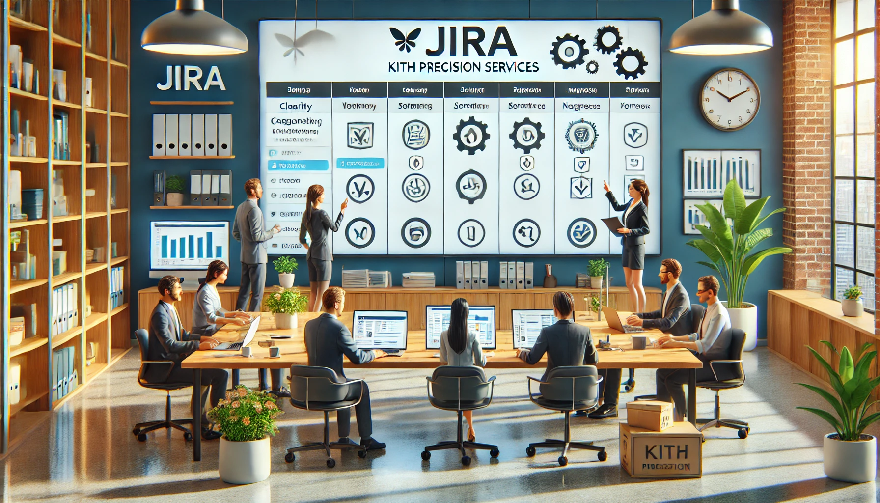 Illustration of a small business team collaborating around a Jira Kanban board, with visuals representing task automation and workflow efficiency.
