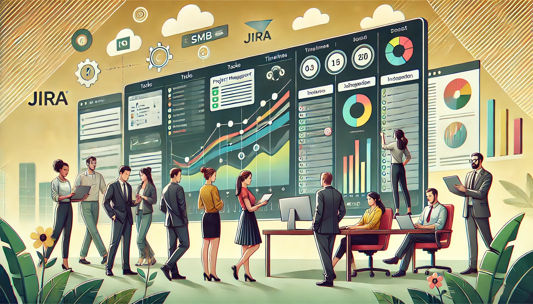 Illustration of a diverse team of SMB professionals collaborating around a digital project management dashboard, showcasing tasks, progress bars, and timelines, symbolizing the efficiency of Jira for small businesses